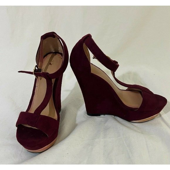 Xhilaration Women's Shoes Heels Wedge Red Wine T- Strap Open Toe Size 5.5 - Picture 3 of 12